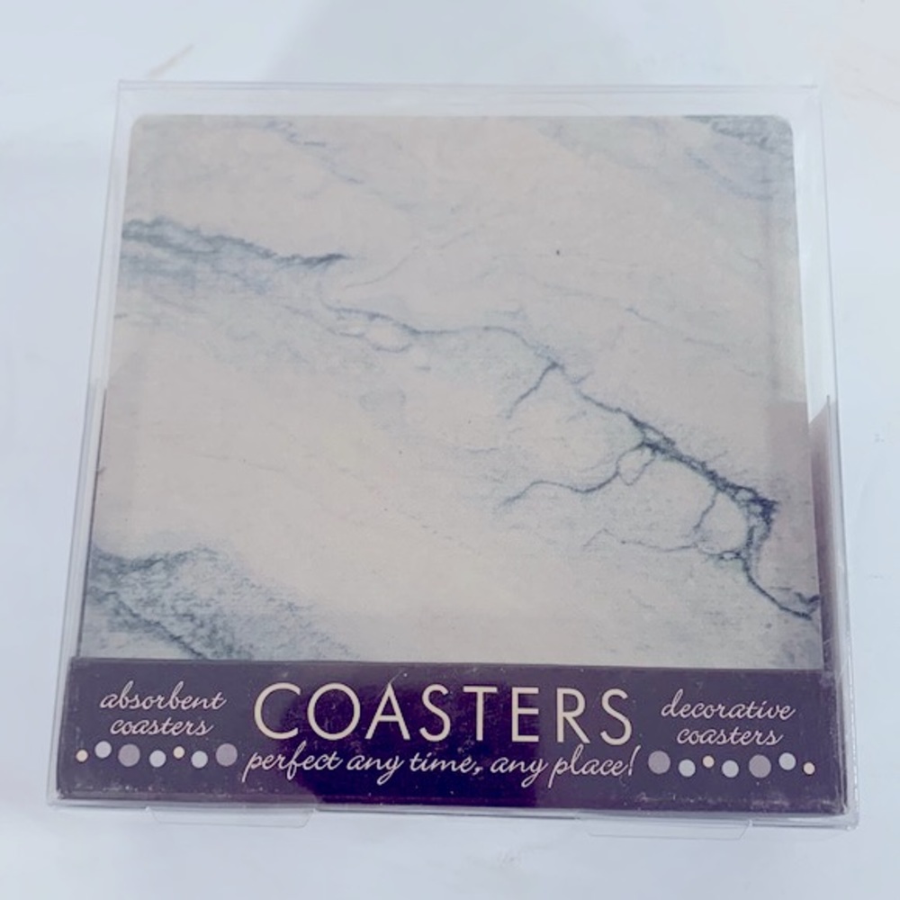 Occasions NIB Faux Marble Style Stoneware Set of 4 Cork Backing Drink Coasters